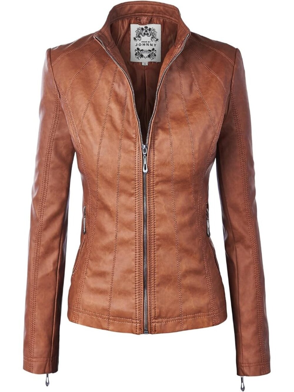 〽️Women's Camel Faux Leather Stitching Long Sleeve Zip Up Moto Biker Jackets